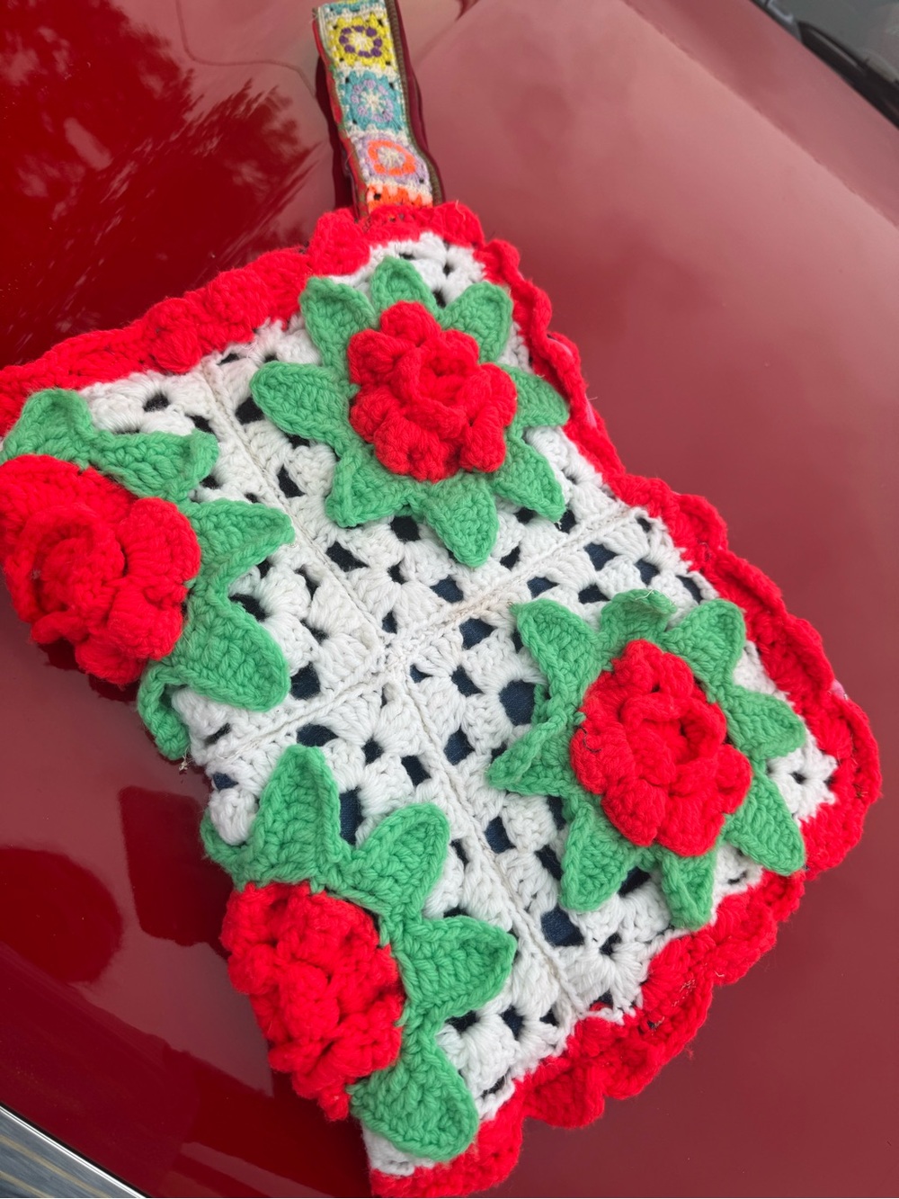 Handmade Crochet Floral Wristlet Clutch in Red, Green & White